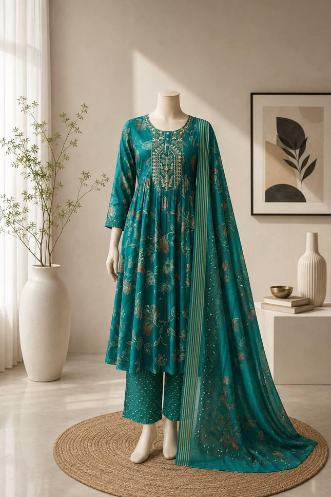 Muslin Printed Embroidered Kurta Set | 3-Piece Festive Suit - Rosepetals Luxe