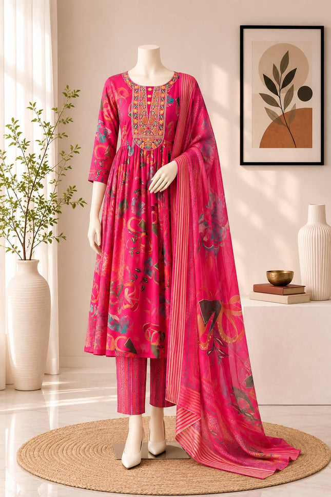 Muslin Printed Embroidered Kurta Set | 3-Piece Festive Suit - Rosepetals Luxe