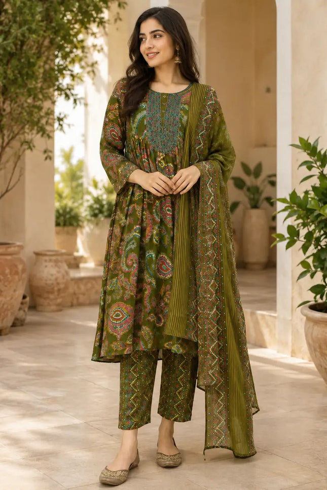 Muslin Printed Embroidered Kurta Set | 3-Piece Festive Suit - Rosepetals Luxe