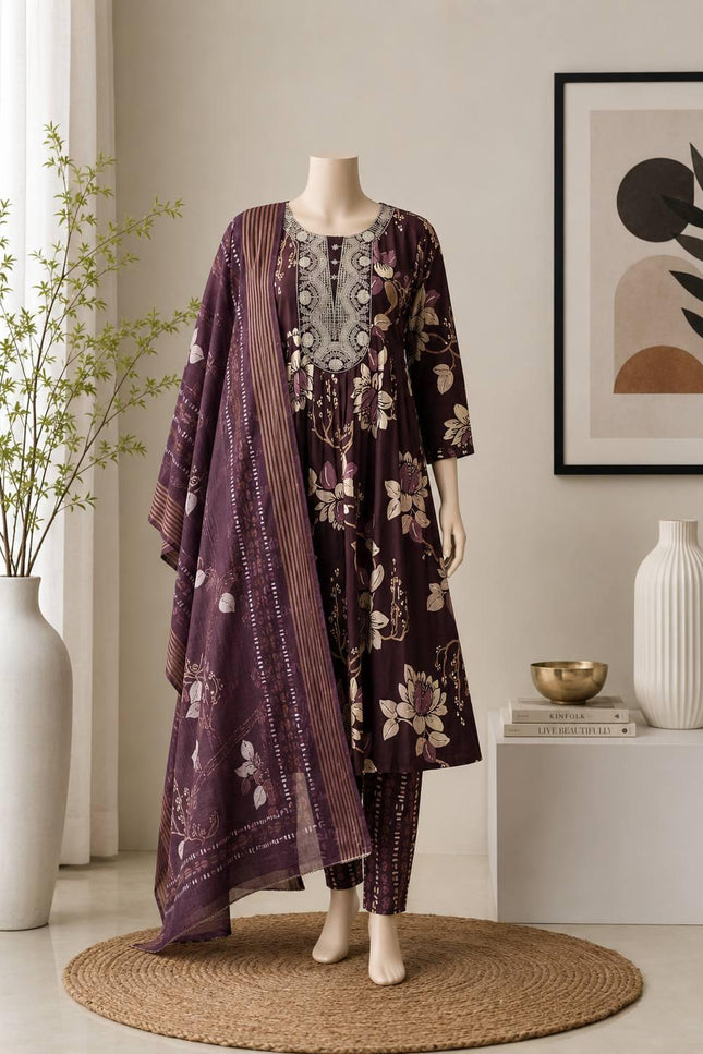 Muslin Printed Embroidered Kurta Set | 3-Piece Festive Suit - Rosepetals Luxe