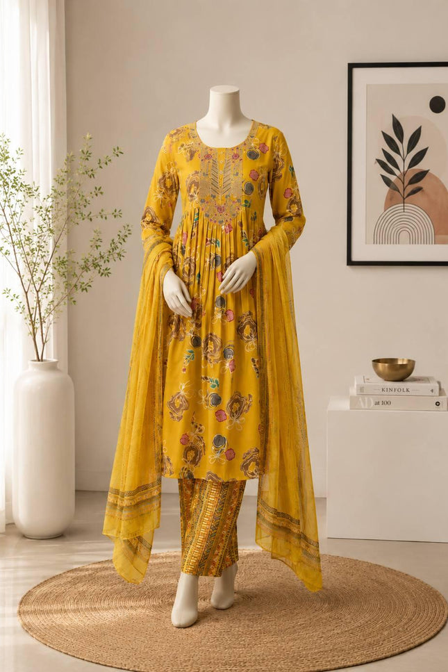 Muslin Printed Embroidered Kurta Set | 3-Piece Festive Suit - Rosepetals Luxe