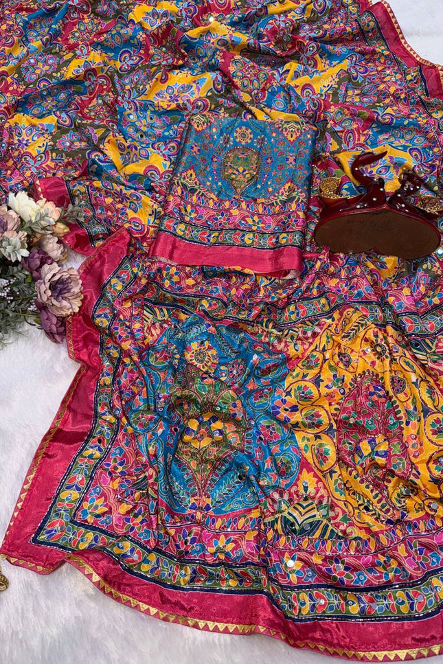 Mustard & Royal Blue Chinnon Mirror-Work Saree - Rosepetals Luxe
