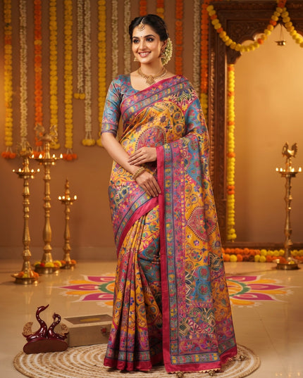 Mustard & Royal Blue Chinnon Mirror-Work Saree - Rosepetals Luxe