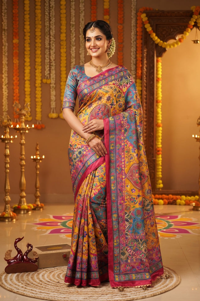 Mustard & Royal Blue Chinnon Mirror-Work Saree - Rosepetals Luxe