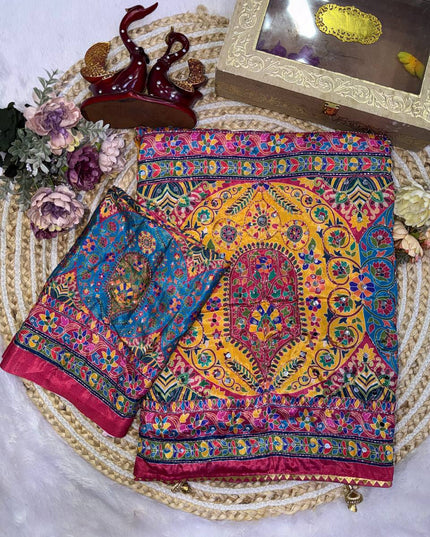Mustard & Royal Blue Chinnon Mirror-Work Saree - Rosepetals Luxe