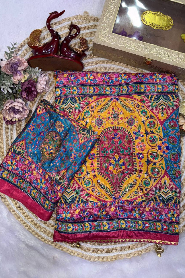 Mustard & Royal Blue Chinnon Mirror-Work Saree - Rosepetals Luxe
