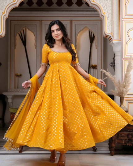 Mustard Yellow Chanderi Jacquard Mirror Work Anarkali Set | Festive 3-Piece with Net Dupatta - Rosepetals Luxe
