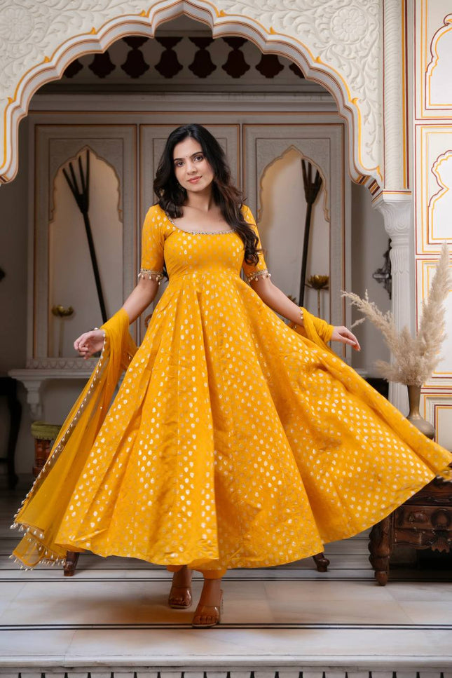 Mustard Yellow Chanderi Jacquard Mirror Work Anarkali Set | Festive 3-Piece with Net Dupatta - Rosepetals Luxe