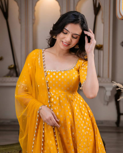 Mustard Yellow Chanderi Jacquard Mirror Work Anarkali Set | Festive 3-Piece with Net Dupatta - Rosepetals Luxe