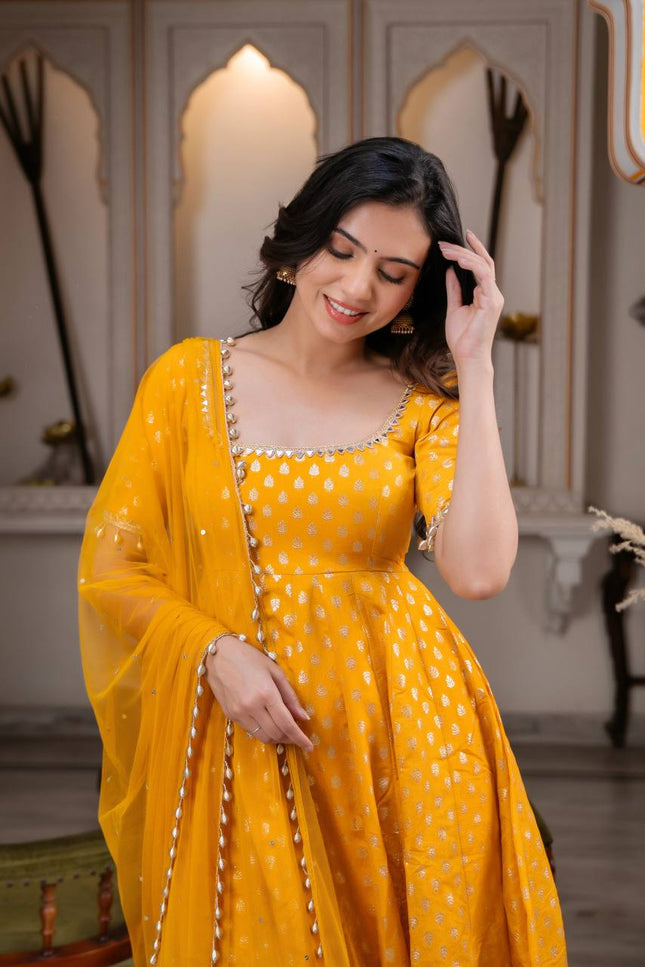 Mustard Yellow Chanderi Jacquard Mirror Work Anarkali Set | Festive 3-Piece with Net Dupatta - Rosepetals Luxe