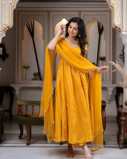 Mustard Yellow Chanderi Jacquard Mirror Work Anarkali Set | Festive 3-Piece with Net Dupatta - Rosepetals Luxe