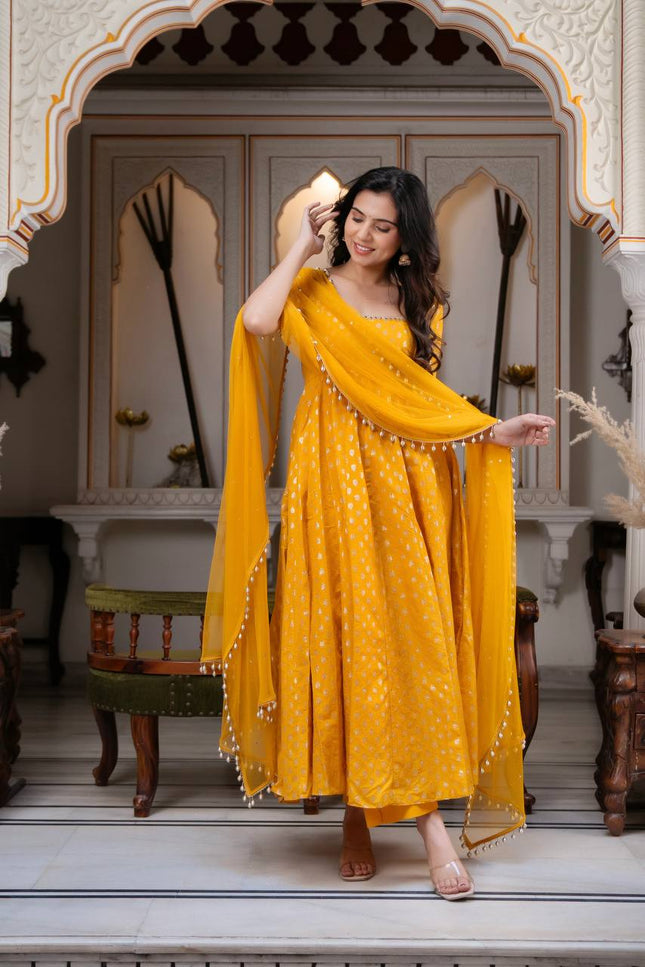 Mustard Yellow Chanderi Jacquard Mirror Work Anarkali Set | Festive 3-Piece with Net Dupatta - Rosepetals Luxe