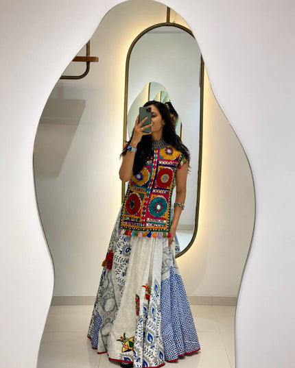 Navratri Chaniya Choli Set | Muslin Cotton | Gota Patti Lehenga & Gamthi Mirror Work Kurti | Rosepetals Luxe - Rosepetals Luxe