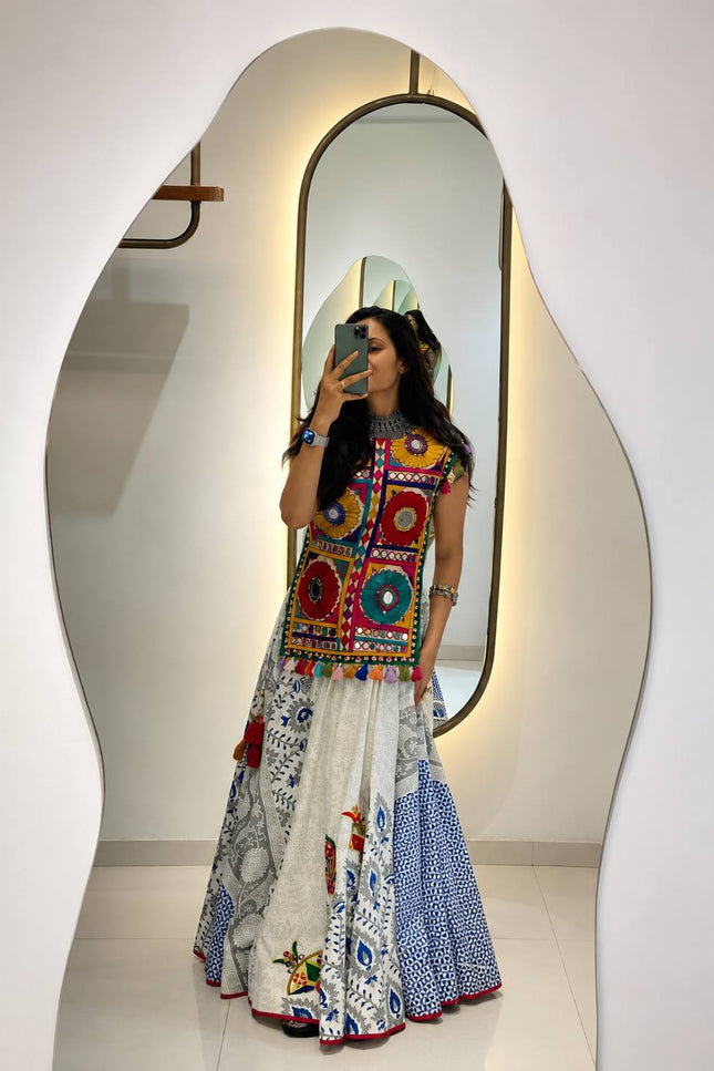 Navratri Chaniya Choli Set | Muslin Cotton | Gota Patti Lehenga & Gamthi Mirror Work Kurti | Rosepetals Luxe - Rosepetals Luxe