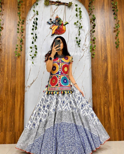 Navratri Chaniya Choli Set | Muslin Cotton | Gota Patti Lehenga & Gamthi Mirror Work Kurti | Rosepetals Luxe - Rosepetals Luxe