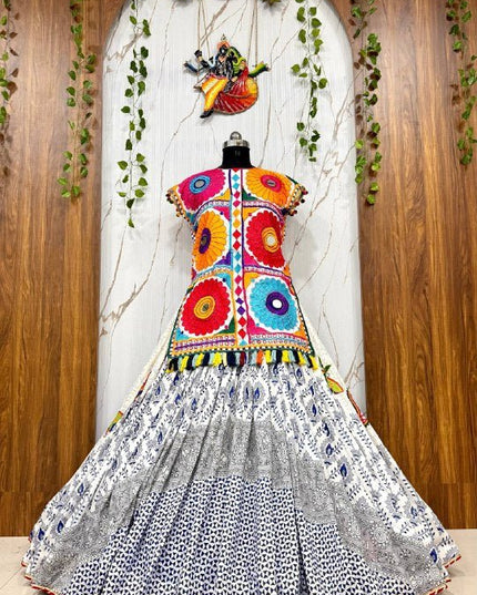 Navratri Chaniya Choli Set | Muslin Cotton | Gota Patti Lehenga & Gamthi Mirror Work Kurti | Rosepetals Luxe - Rosepetals Luxe