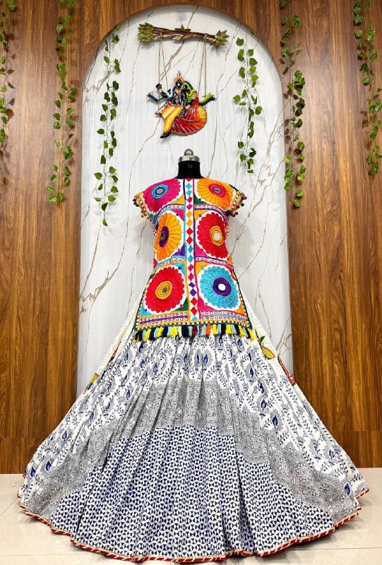 Navratri Chaniya Choli Set | Muslin Cotton | Gota Patti Lehenga & Gamthi Mirror Work Kurti | Rosepetals Luxe - Rosepetals Luxe