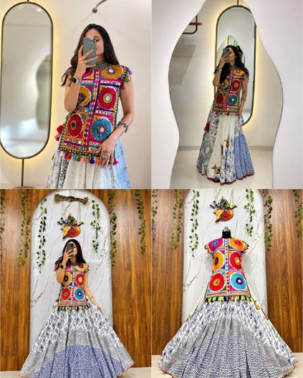 Navratri Chaniya Choli Set | Muslin Cotton | Gota Patti Lehenga & Gamthi Mirror Work Kurti | Rosepetals Luxe - Rosepetals Luxe