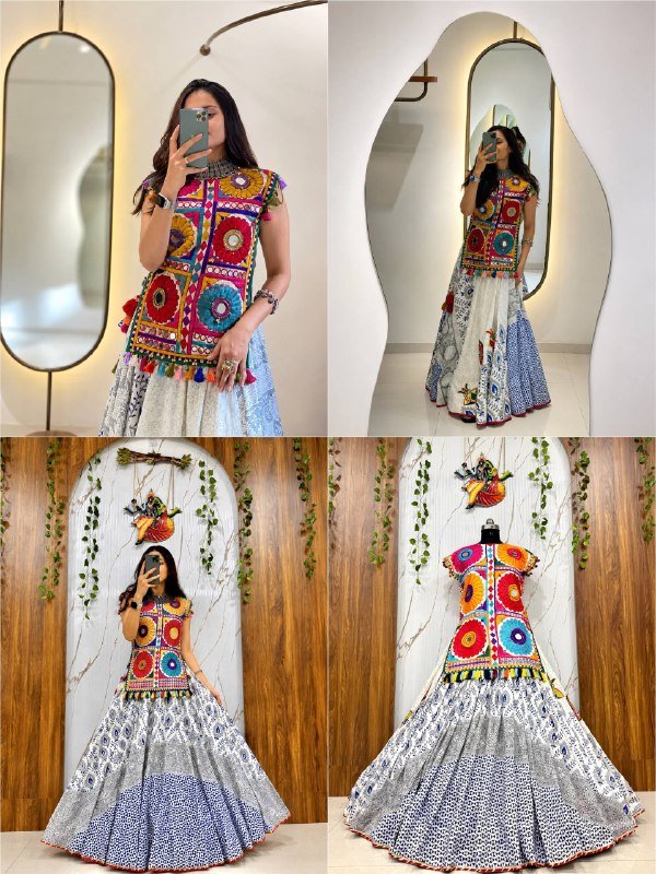 Navratri Chaniya Choli Set | Muslin Cotton | Gota Patti Lehenga & Gamthi Mirror Work Kurti | Rosepetals Luxe - Rosepetals Luxe