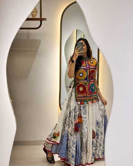 Navratri Chaniya Choli Set | Muslin Cotton | Gota Patti Lehenga & Gamthi Mirror Work Kurti | Rosepetals Luxe - Rosepetals Luxe