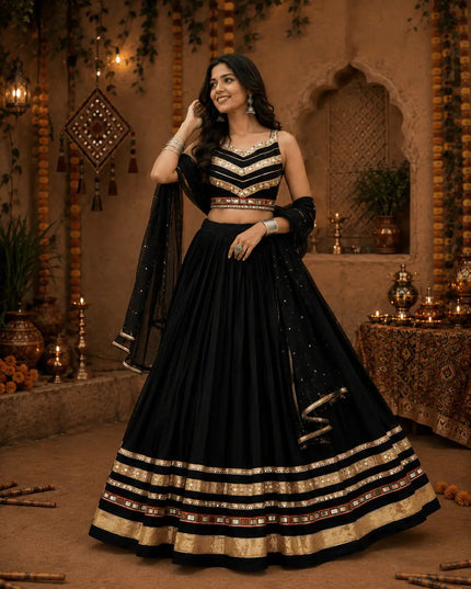 Navratri Cotton Lehenga Choli | Heavy Gamthi Work & Mirror Lace | Vintage Dupatta - Rosepetals Luxe