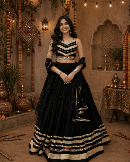 Navratri Cotton Lehenga Choli | Heavy Gamthi Work & Mirror Lace | Vintage Dupatta - Rosepetals Luxe