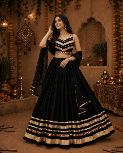 Navratri Cotton Lehenga Choli | Heavy Gamthi Work & Mirror Lace | Vintage Dupatta - Rosepetals Luxe