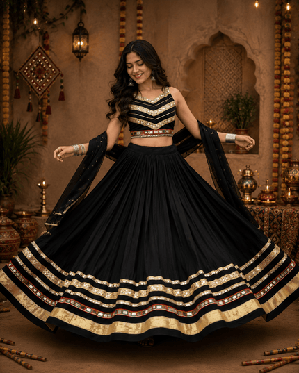 Navratri Cotton Lehenga Choli | Heavy Gamthi Work & Mirror Lace | Vintage Dupatta - Rosepetals Luxe