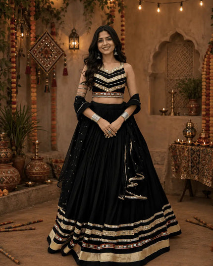 Navratri Cotton Lehenga Choli | Heavy Gamthi Work & Mirror Lace | Vintage Dupatta - Rosepetals Luxe