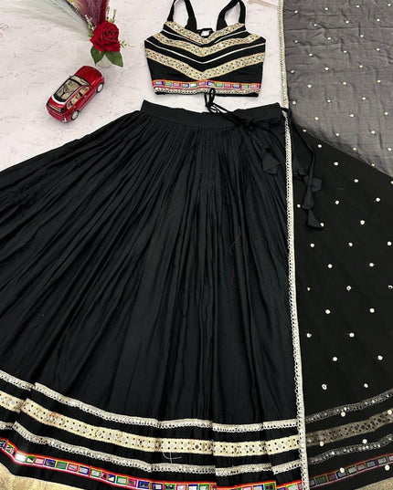 Navratri Cotton Lehenga Choli | Heavy Gamthi Work & Mirror Lace | Vintage Dupatta - Rosepetals Luxe