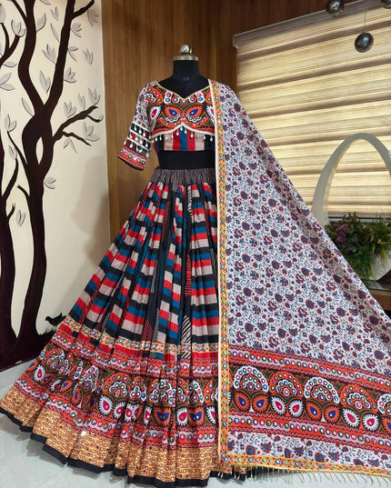 Navratri Designer Printed Lehenga Choli in Heavy Muslin Cotton with Real Mirror Work - Rosepetals Luxe