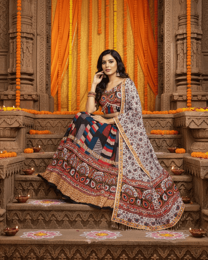 Navratri Designer Printed Lehenga Choli in Heavy Muslin Cotton with Real Mirror Work - Rosepetals Luxe