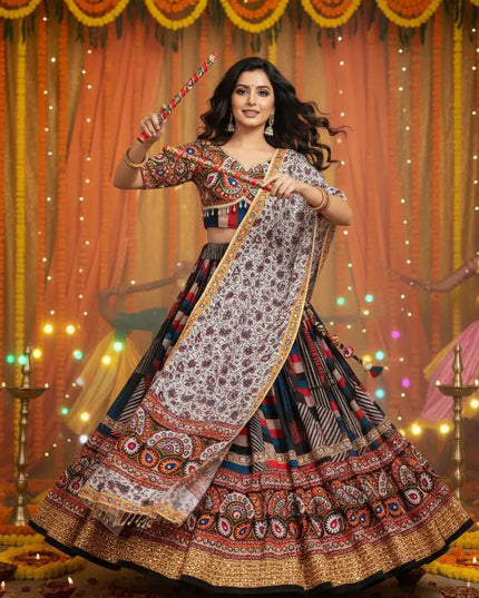 Navratri Designer Printed Lehenga Choli in Heavy Muslin Cotton with Real Mirror Work - Rosepetals Luxe