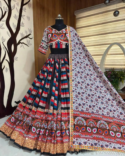 Navratri Designer Printed Lehenga Choli in Heavy Muslin Cotton with Real Mirror Work - Rosepetals Luxe