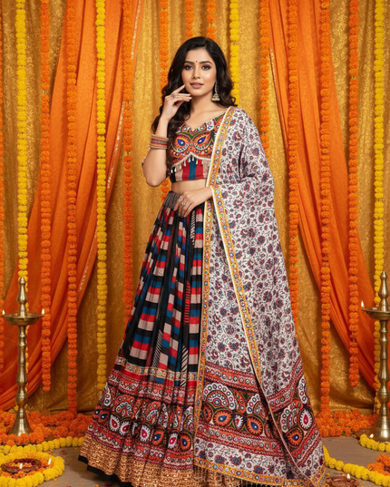 Navratri Designer Printed Lehenga Choli in Heavy Muslin Cotton with Real Mirror Work - Rosepetals Luxe