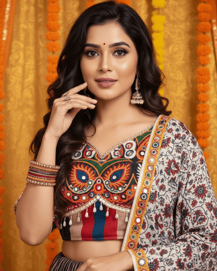Navratri Designer Printed Lehenga Choli in Heavy Muslin Cotton with Real Mirror Work - Rosepetals Luxe