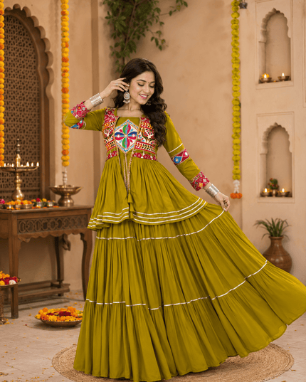 Navratri Gamthi Work Lehenga Choli Set with Koti | Pure Cotton, Mirror & Sikka Lace | Garba Festive Wear - Rosepetals Luxe