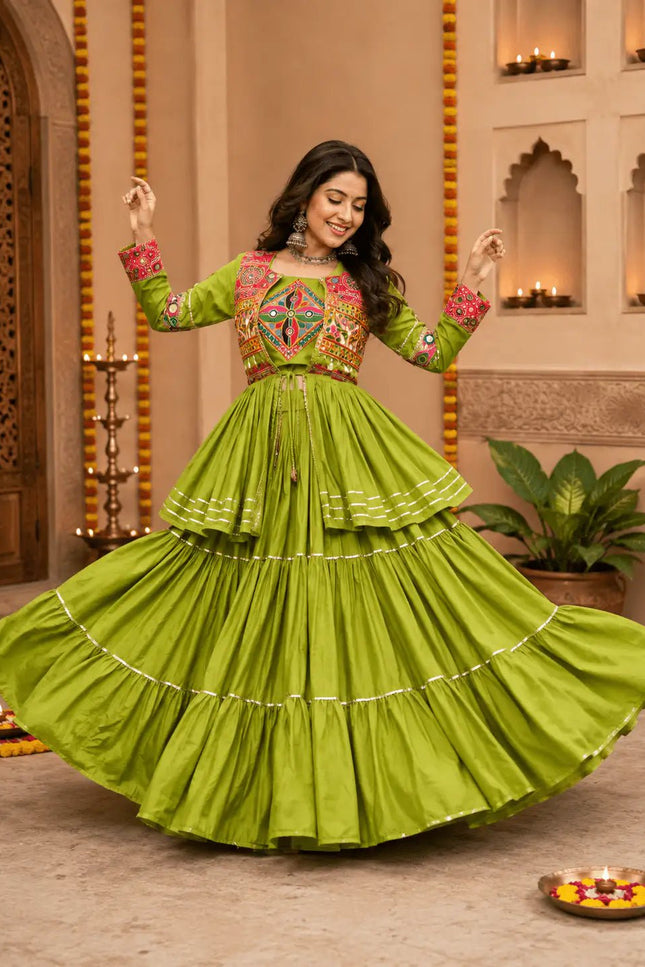 Navratri Gamthi Work Lehenga Choli Set with Koti | Pure Cotton, Mirror & Sikka Lace | Garba Festive Wear - Rosepetals Luxe