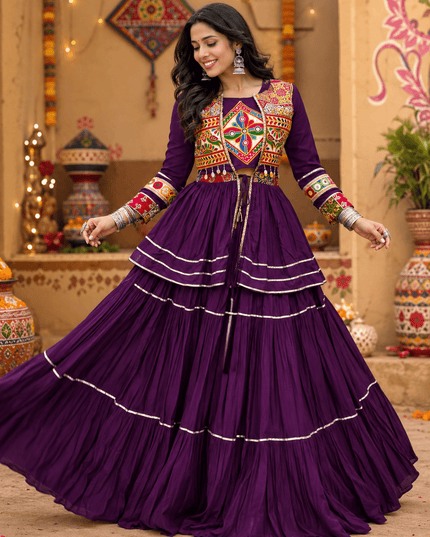 Navratri Gamthi Work Lehenga Choli Set with Koti | Pure Cotton, Mirror & Sikka Lace | Garba Festive Wear - Rosepetals Luxe