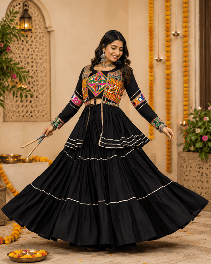 Navratri Gamthi Work Lehenga Choli Set with Koti | Pure Cotton, Mirror & Sikka Lace | Garba Festive Wear - Rosepetals Luxe