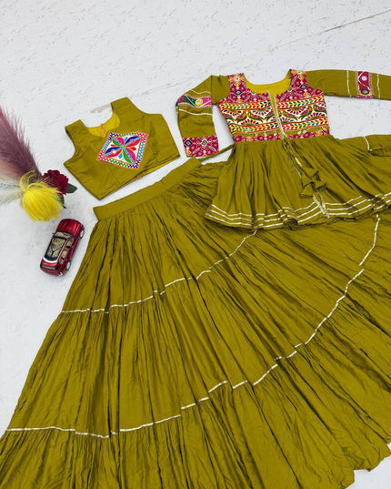Navratri Gamthi Work Lehenga Choli Set with Koti | Pure Cotton, Mirror & Sikka Lace | Garba Festive Wear - Rosepetals Luxe