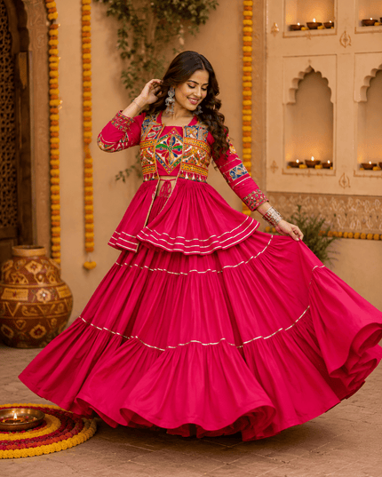 Navratri Gamthi Work Lehenga Choli Set with Koti | Pure Cotton, Mirror & Sikka Lace | Garba Festive Wear - Rosepetals Luxe