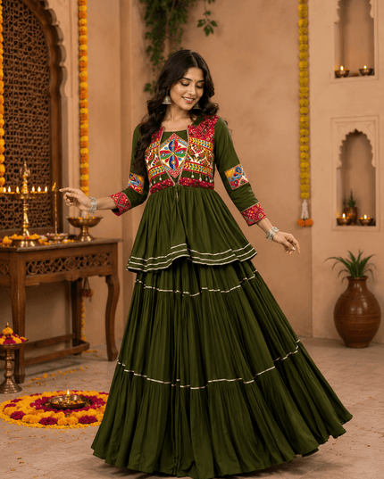 Navratri Gamthi Work Lehenga Choli Set with Koti | Pure Cotton, Mirror & Sikka Lace | Garba Festive Wear - Rosepetals Luxe