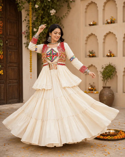 Navratri Gamthi Work Lehenga Choli Set with Koti | Pure Cotton, Mirror & Sikka Lace | Garba Festive Wear - Rosepetals Luxe