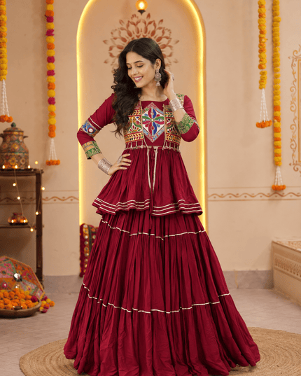 Navratri Gamthi Work Lehenga Choli Set with Koti | Pure Cotton, Mirror & Sikka Lace | Garba Festive Wear - Rosepetals Luxe
