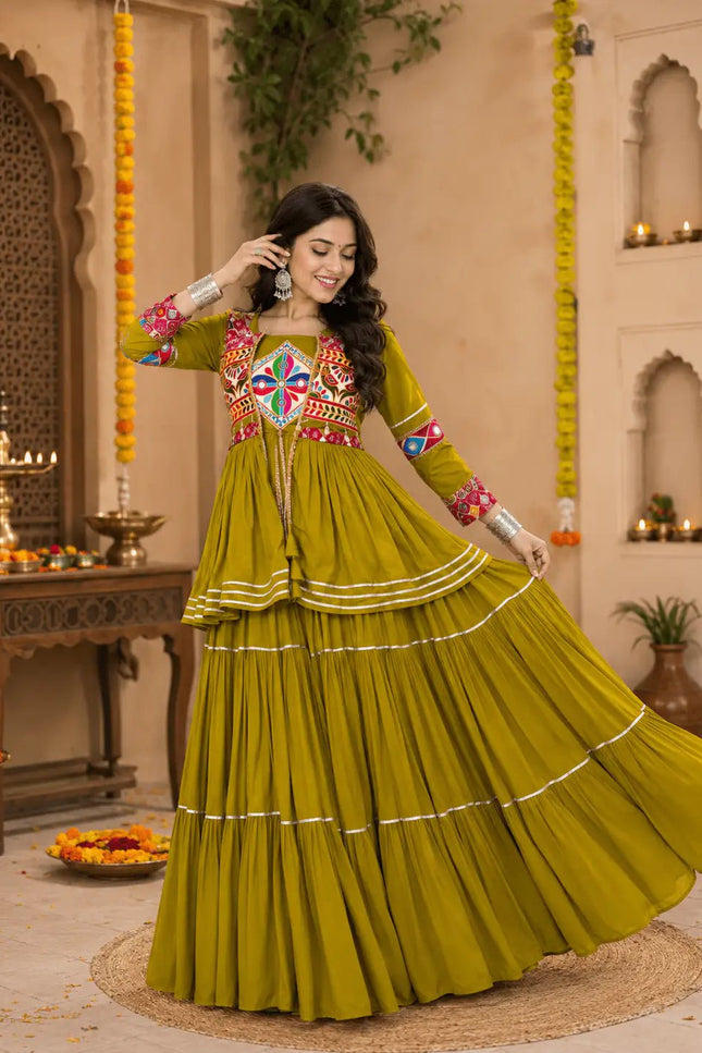 Navratri Gamthi Work Lehenga Choli Set with Koti | Pure Cotton, Mirror & Sikka Lace | Garba Festive Wear - Rosepetals Luxe