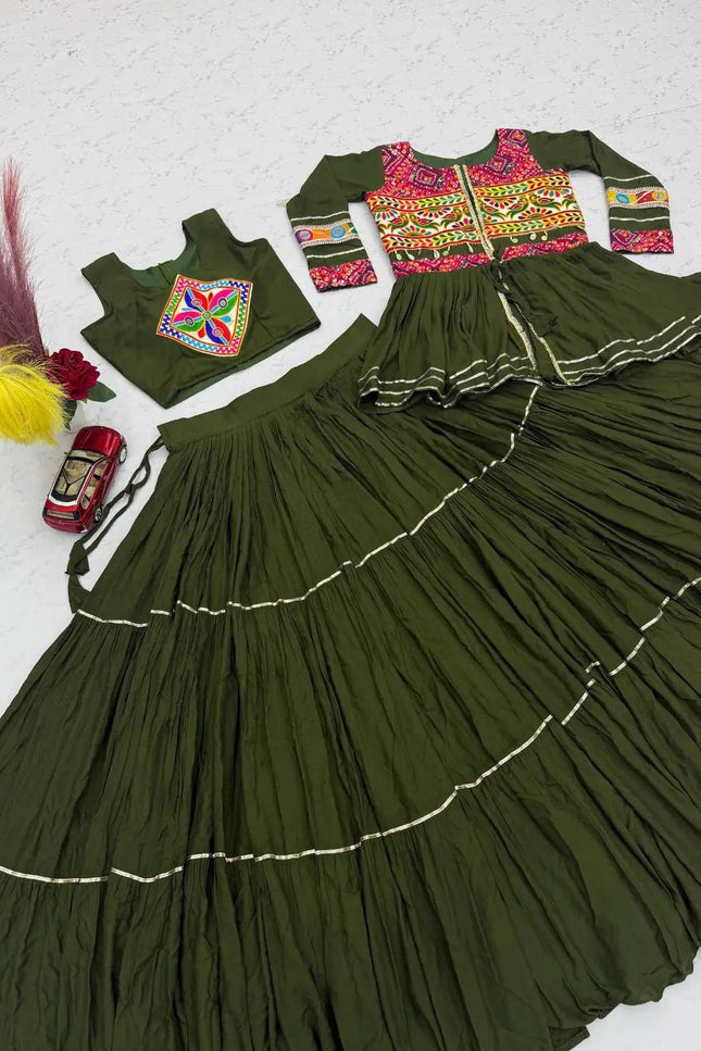 Navratri Gamthi Work Lehenga Choli Set with Koti | Pure Cotton, Mirror & Sikka Lace | Garba Festive Wear - Rosepetals Luxe