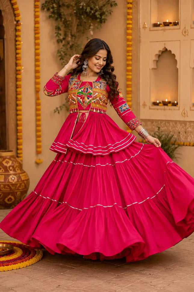 Navratri Gamthi Work Lehenga Choli Set with Koti | Pure Cotton, Mirror & Sikka Lace | Garba Festive Wear - Rosepetals Luxe