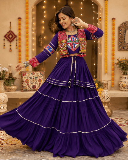 Navratri Gamthi Work Lehenga Choli Set with Koti | Pure Cotton, Mirror & Sikka Lace | Garba Festive Wear - Rosepetals Luxe