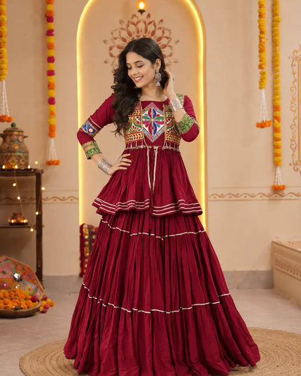 Navratri Gamthi Work Lehenga Choli Set with Koti | Pure Cotton, Mirror & Sikka Lace | Garba Festive Wear - Rosepetals Luxe